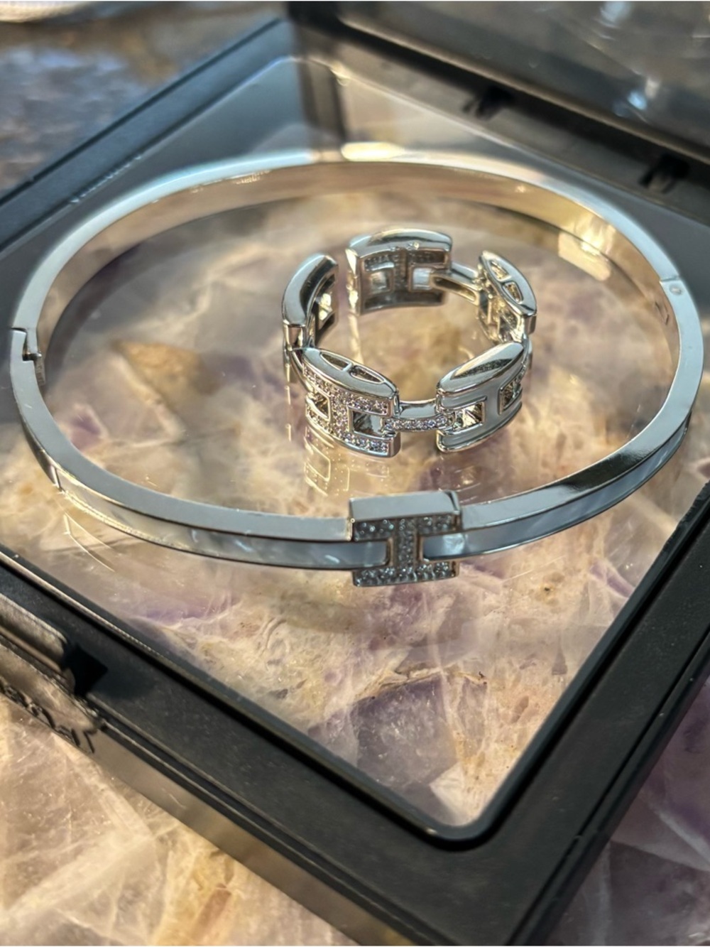 New Stainless Steel H Logo Bracelet and Ring Set w/mother of pearl accents